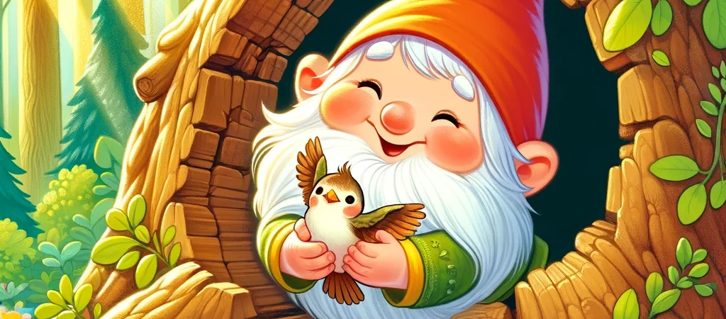 Kabouter Pirrewitje die een vogeltje helpt