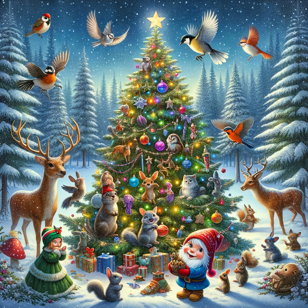 Pirrewitje en zijn vriendjes die de kerstboom versieren