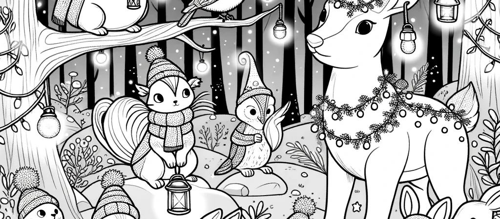 Kleurplaat met de dieren en de lichtjes