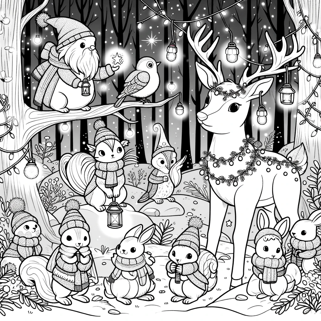 Kleurplaat met de dieren en de lichtjes