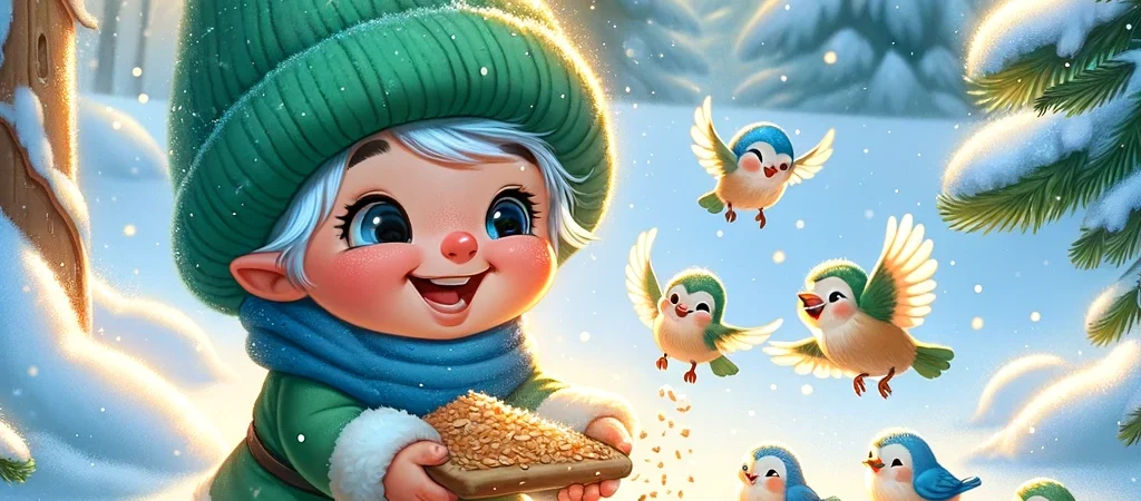 Pirrewitje geeft stukjes brood aan de vogeltjes