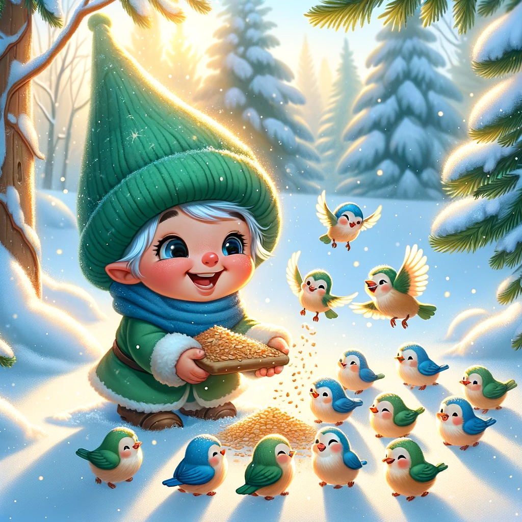 Pirrewitje geeft stukjes brood aan de vogeltjes