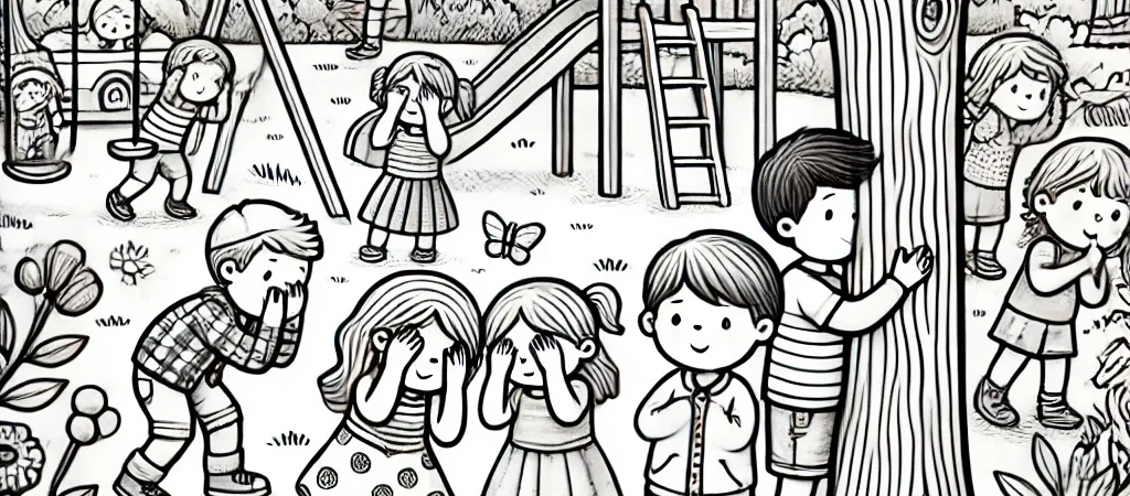 Kleurplaten met schoolbus, bereklasje en verstopperje spelen