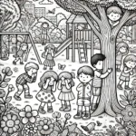 Kleurplaten met schoolbus, bereklasje en verstopperje spelen