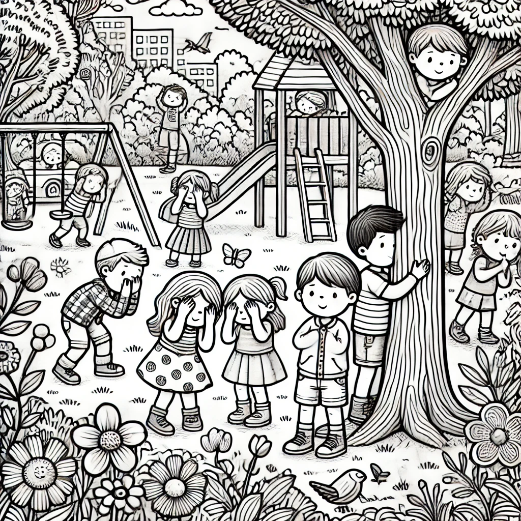 Kleurplaten met schoolbus, bereklasje en verstopperje spelen