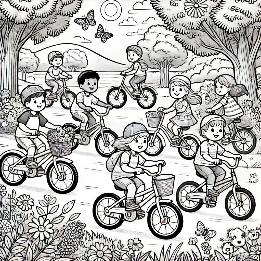 Kleurplaten met fietsen, boswandeling en vlinders