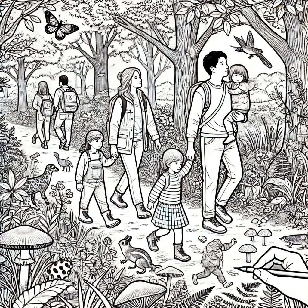 Kleurplaten met fietsen, boswandeling en vlinders