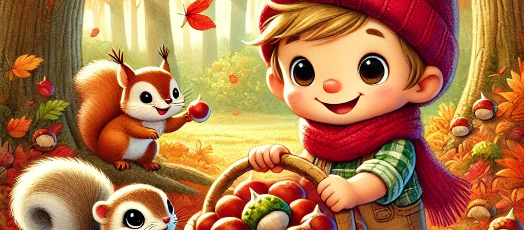 Pirrewitje raapt kastanjes in het bos