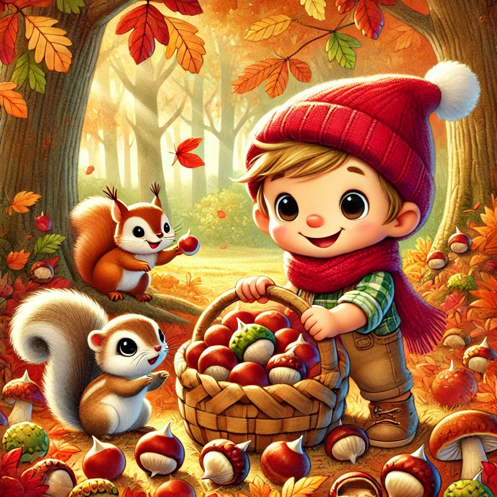 Pirrewitje raapt kastanjes in het bos