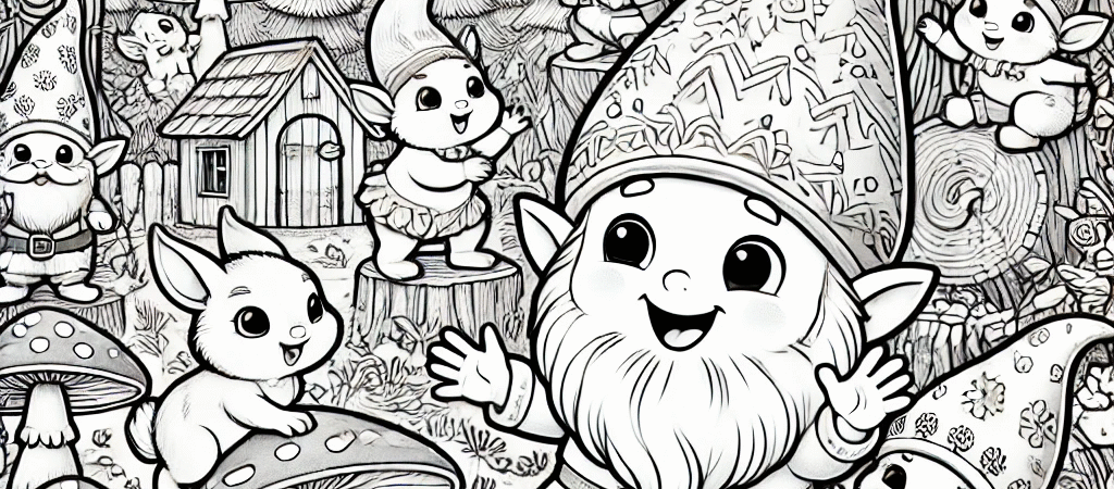 Kleurplaatje van kabouter Pirrewitje en zijn vriendjes in het bos