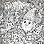 Kleurplaatje van kabouter Pirrewitje en zijn vriendjes in het bos