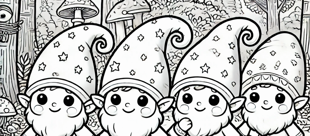 Kleurplaatje van kabouters die wandelen in het bos