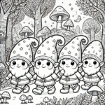 Kleurplaatje van kabouters die wandelen in het bos