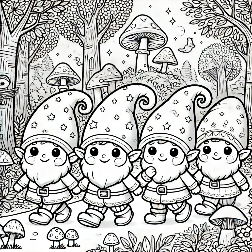 Kleurplaatje van kabouters die wandelen in het bos