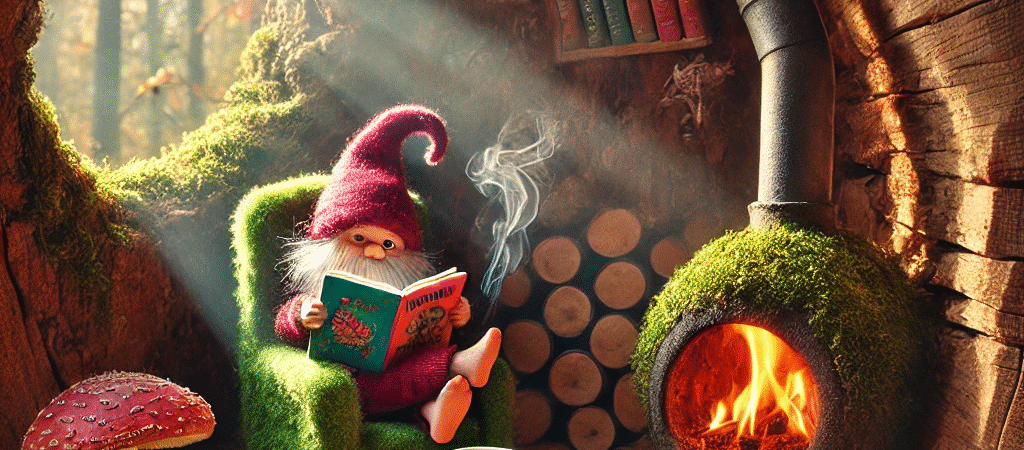 Pirrewitje leest een boekje in zijn knusse huisje