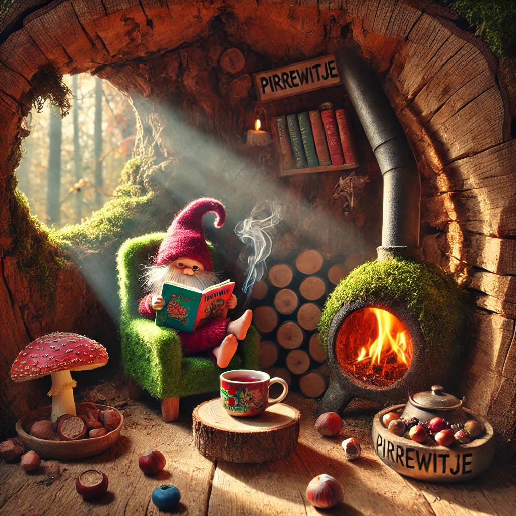 Pirrewitje leest een boekje in zijn knusse huisje