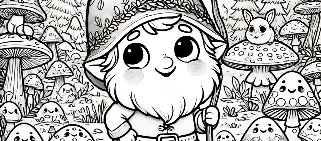 Kleurplaat van kabouter Pirrewitje en de paddestoelen