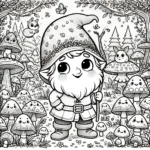 Kleurplaat van kabouter Pirrewitje en de paddestoelen