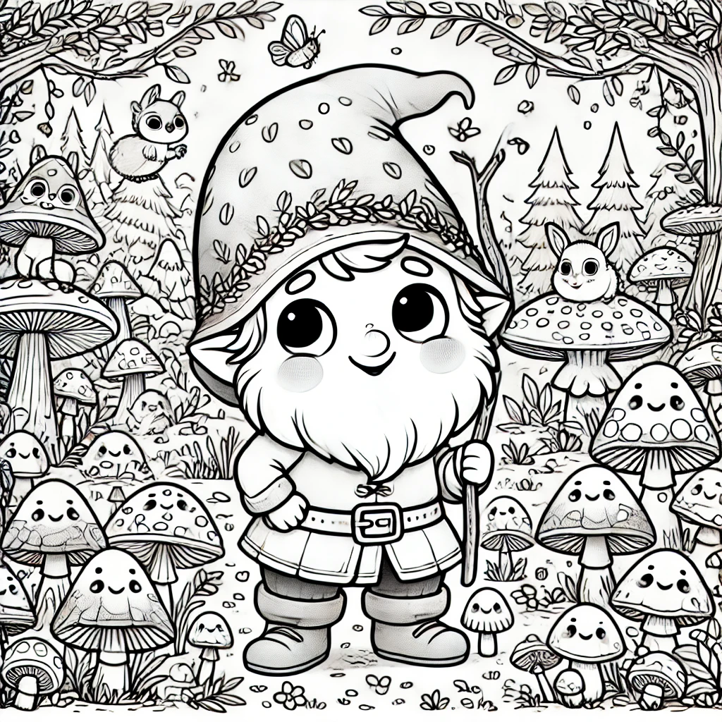 Kleurplaat van kabouter Pirrewitje en de paddestoelen